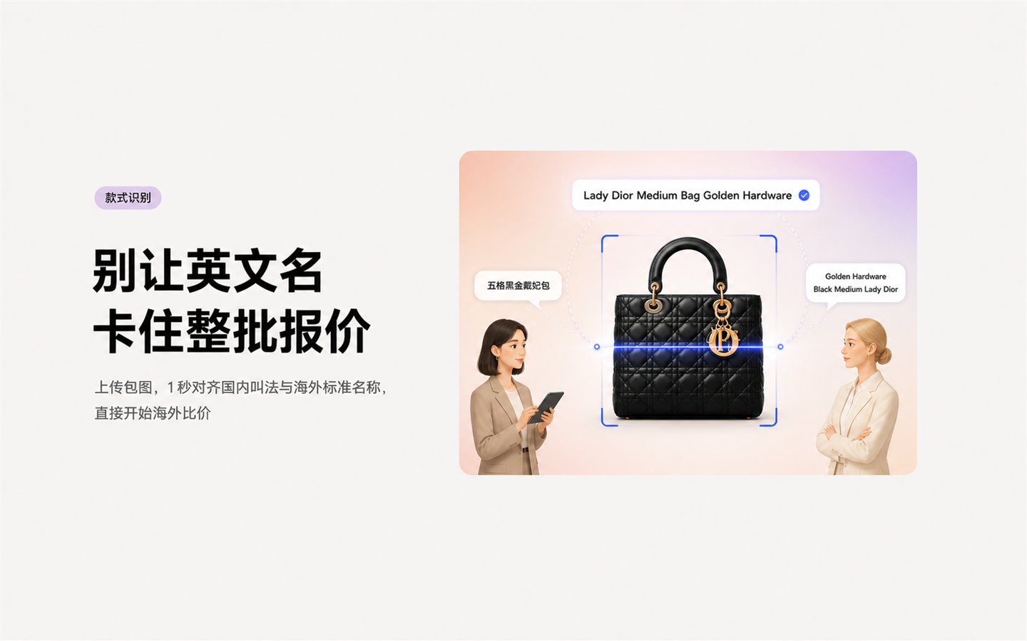 款式识别示意:黑金中号 Lady Dior 包位于扫描框内,国内叫法「五格黑金戴妃包」对应 Lady Dior Medium Bag Golden Hardware。